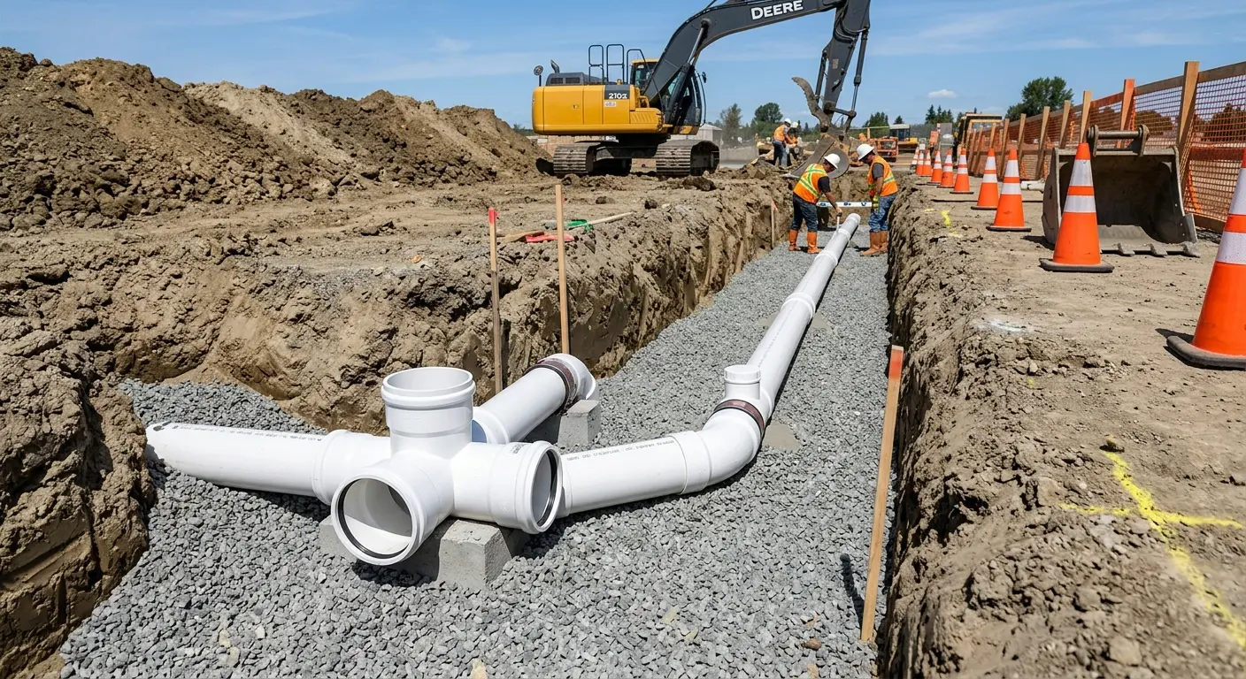 New PVC sewer pipe installation in open trench for Sewer Backup in Circleville