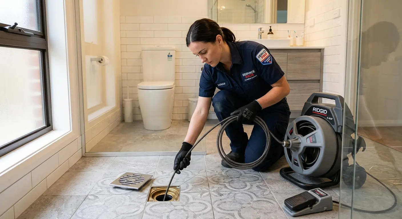 Technician clearing a bathroom floor drain for Drain Cleaning in Circleville
